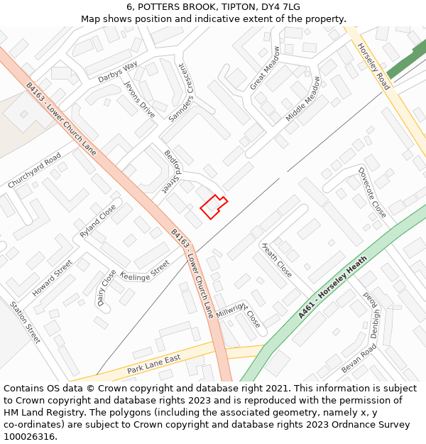 6, POTTERS BROOK, TIPTON, DY4 7LG: Location map and indicative extent of plot