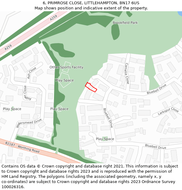 6, PRIMROSE CLOSE, LITTLEHAMPTON, BN17 6US: Location map and indicative extent of plot