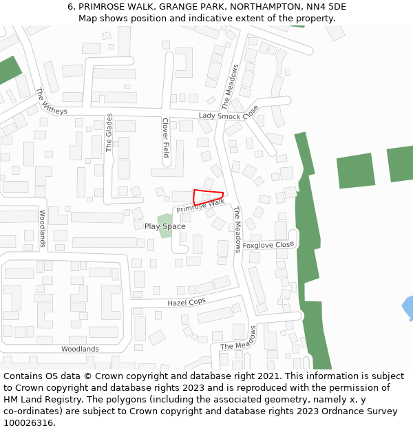 6, PRIMROSE WALK, GRANGE PARK, NORTHAMPTON, NN4 5DE: Location map and indicative extent of plot