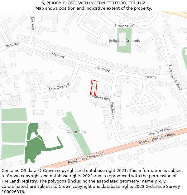 6, PRIORY CLOSE, WELLINGTON, TELFORD, TF1 1HZ: Location map and indicative extent of plot