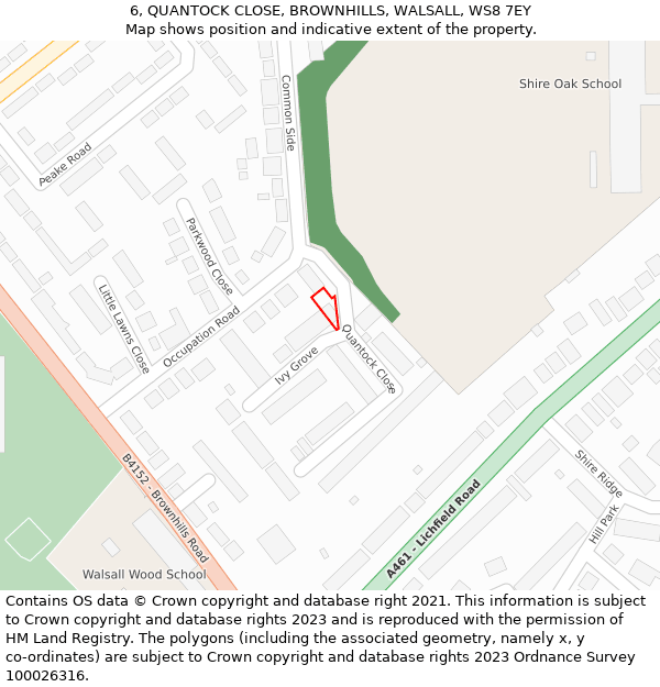 6, QUANTOCK CLOSE, BROWNHILLS, WALSALL, WS8 7EY: Location map and indicative extent of plot