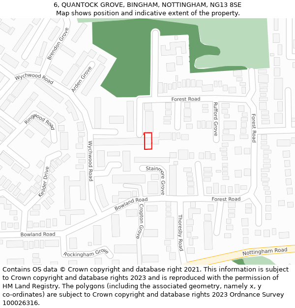 6, QUANTOCK GROVE, BINGHAM, NOTTINGHAM, NG13 8SE: Location map and indicative extent of plot