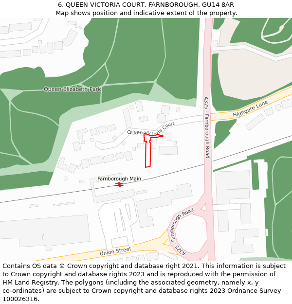 6, QUEEN VICTORIA COURT, FARNBOROUGH, GU14 8AR: Location map and indicative extent of plot