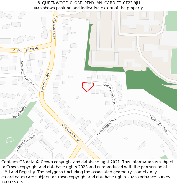 6, QUEENWOOD CLOSE, PENYLAN, CARDIFF, CF23 9JH: Location map and indicative extent of plot