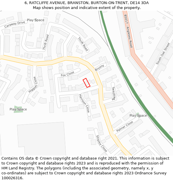 6, RATCLIFFE AVENUE, BRANSTON, BURTON-ON-TRENT, DE14 3DA: Location map and indicative extent of plot