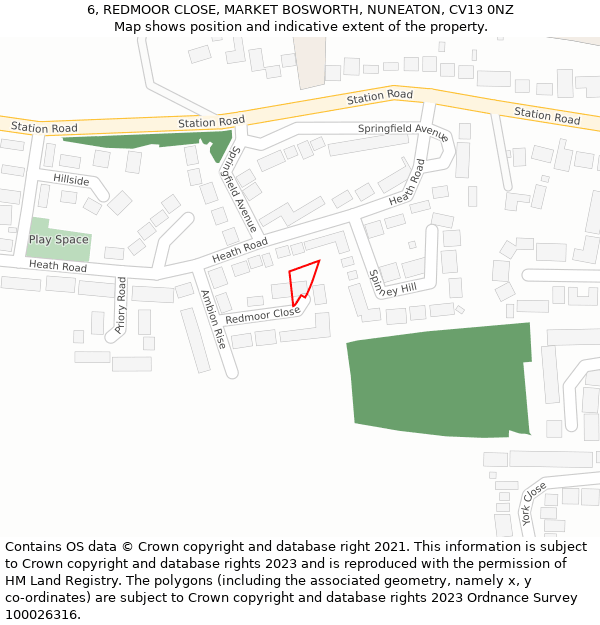 6, REDMOOR CLOSE, MARKET BOSWORTH, NUNEATON, CV13 0NZ: Location map and indicative extent of plot