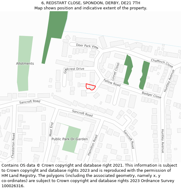 6, REDSTART CLOSE, SPONDON, DERBY, DE21 7TH: Location map and indicative extent of plot