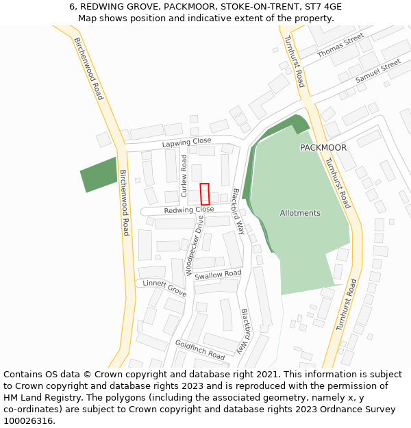 6, REDWING GROVE, PACKMOOR, STOKE-ON-TRENT, ST7 4GE: Location map and indicative extent of plot