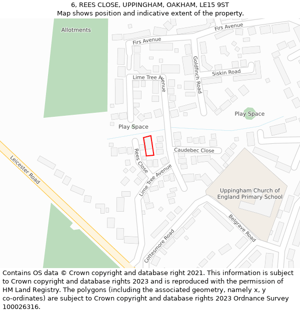 6, REES CLOSE, UPPINGHAM, OAKHAM, LE15 9ST: Location map and indicative extent of plot