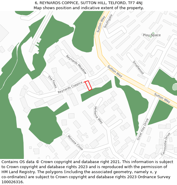 6, REYNARDS COPPICE, SUTTON HILL, TELFORD, TF7 4NJ: Location map and indicative extent of plot