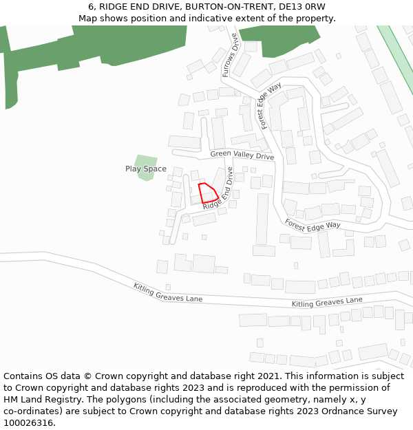 6, RIDGE END DRIVE, BURTON-ON-TRENT, DE13 0RW: Location map and indicative extent of plot