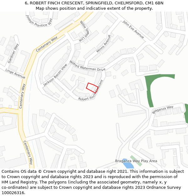 6, ROBERT FINCH CRESCENT, SPRINGFIELD, CHELMSFORD, CM1 6BN: Location map and indicative extent of plot