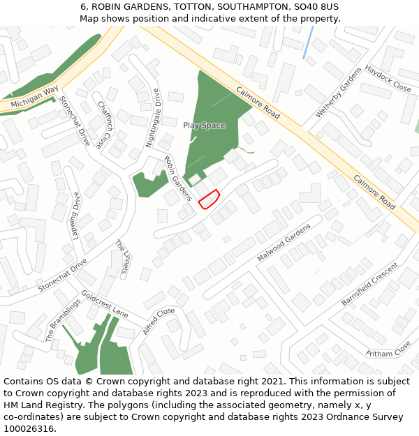 6, ROBIN GARDENS, TOTTON, SOUTHAMPTON, SO40 8US: Location map and indicative extent of plot