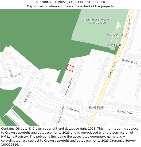 6, ROBIN HILL DRIVE, CHISLEHURST, BR7 5ER: Location map and indicative extent of plot