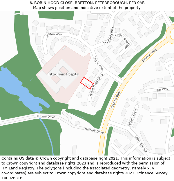 6, ROBIN HOOD CLOSE, BRETTON, PETERBOROUGH, PE3 9AR: Location map and indicative extent of plot