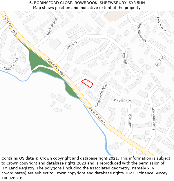 6, ROBINSFORD CLOSE, BOWBROOK, SHREWSBURY, SY3 5HN: Location map and indicative extent of plot