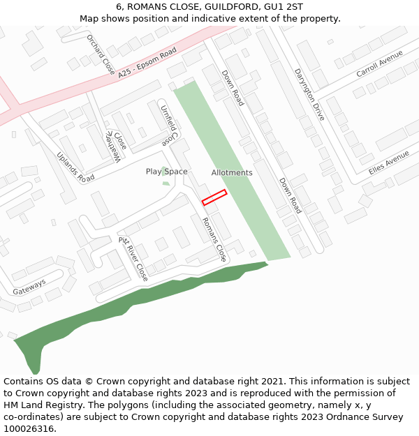 6, ROMANS CLOSE, GUILDFORD, GU1 2ST: Location map and indicative extent of plot