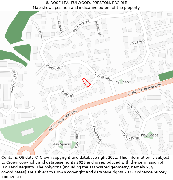 6, ROSE LEA, FULWOOD, PRESTON, PR2 9LB: Location map and indicative extent of plot