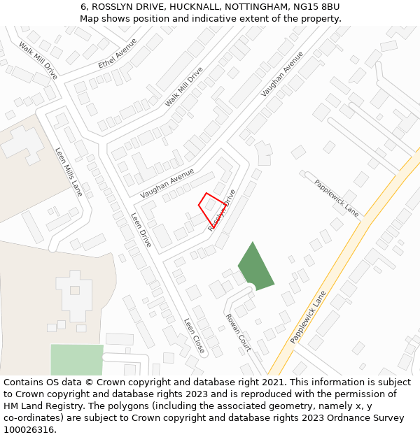 6, ROSSLYN DRIVE, HUCKNALL, NOTTINGHAM, NG15 8BU: Location map and indicative extent of plot