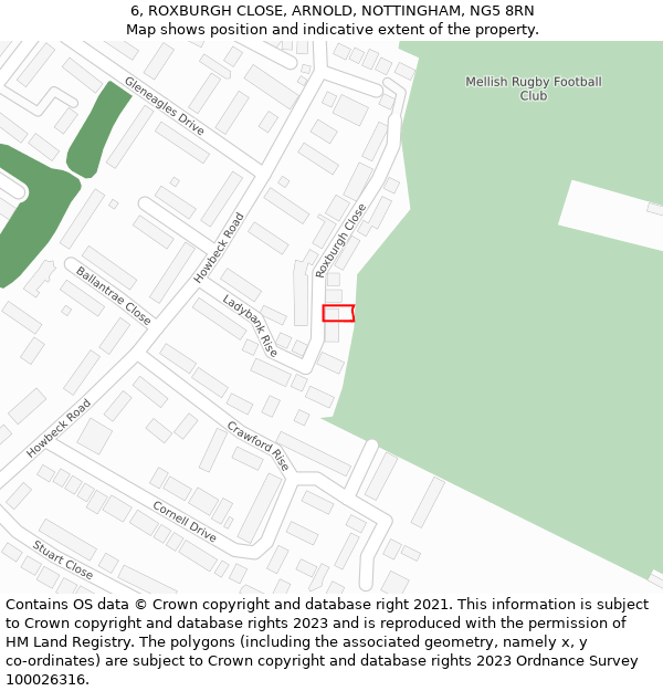 6, ROXBURGH CLOSE, ARNOLD, NOTTINGHAM, NG5 8RN: Location map and indicative extent of plot