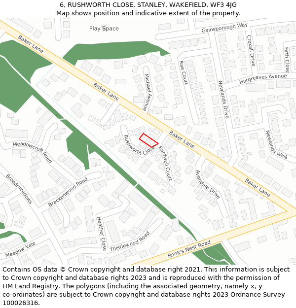 6, RUSHWORTH CLOSE, STANLEY, WAKEFIELD, WF3 4JG: Location map and indicative extent of plot