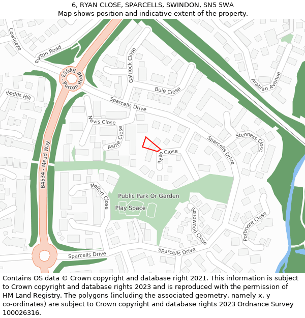 6, RYAN CLOSE, SPARCELLS, SWINDON, SN5 5WA: Location map and indicative extent of plot