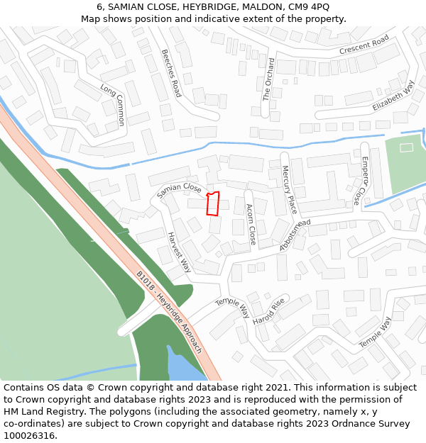 6, SAMIAN CLOSE, HEYBRIDGE, MALDON, CM9 4PQ: Location map and indicative extent of plot
