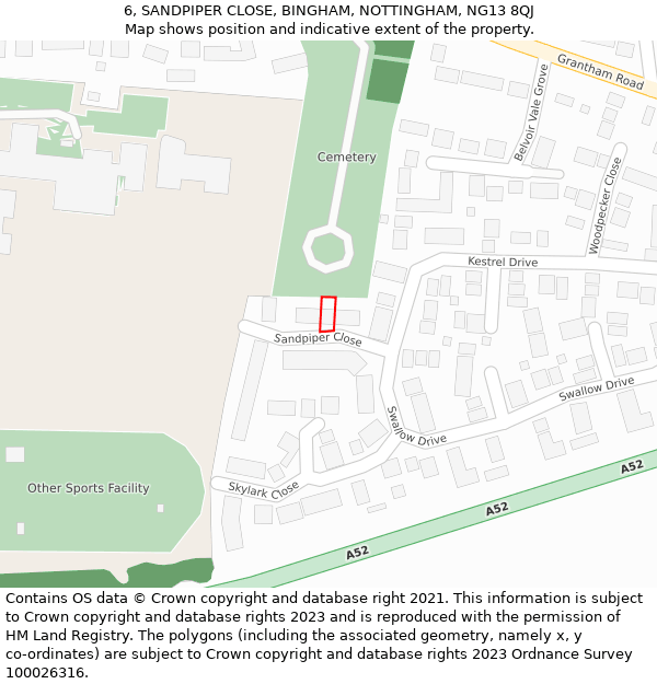 6, SANDPIPER CLOSE, BINGHAM, NOTTINGHAM, NG13 8QJ: Location map and indicative extent of plot