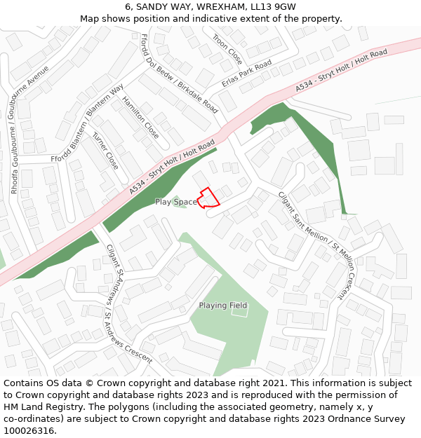 6, SANDY WAY, WREXHAM, LL13 9GW: Location map and indicative extent of plot