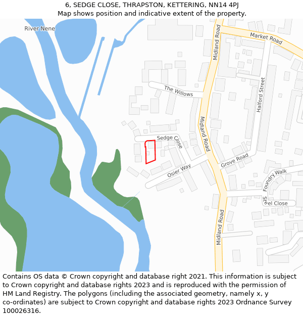 6, SEDGE CLOSE, THRAPSTON, KETTERING, NN14 4PJ: Location map and indicative extent of plot