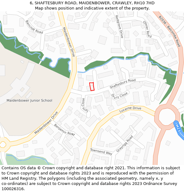 6, SHAFTESBURY ROAD, MAIDENBOWER, CRAWLEY, RH10 7HD: Location map and indicative extent of plot