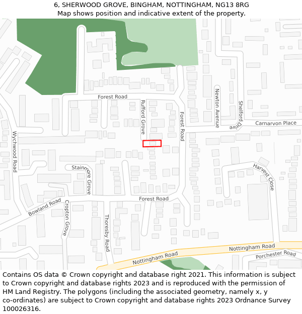 6, SHERWOOD GROVE, BINGHAM, NOTTINGHAM, NG13 8RG: Location map and indicative extent of plot