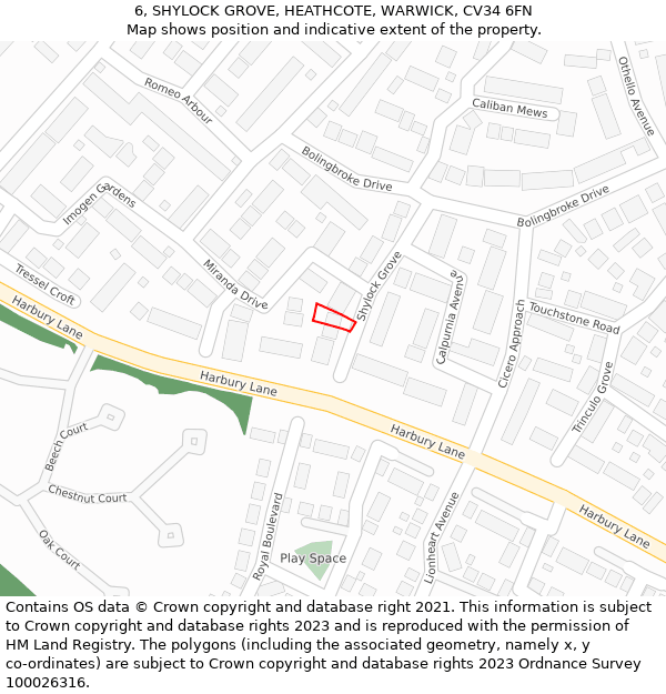 6, SHYLOCK GROVE, HEATHCOTE, WARWICK, CV34 6FN: Location map and indicative extent of plot