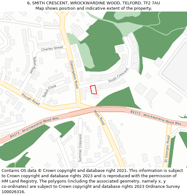6, SMITH CRESCENT, WROCKWARDINE WOOD, TELFORD, TF2 7AU: Location map and indicative extent of plot