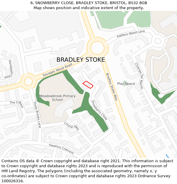 6, SNOWBERRY CLOSE, BRADLEY STOKE, BRISTOL, BS32 8GB: Location map and indicative extent of plot