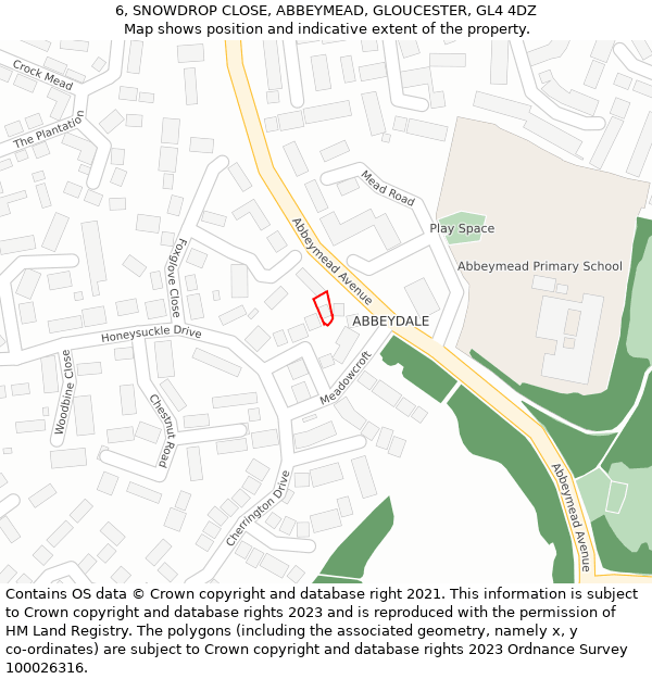 6, SNOWDROP CLOSE, ABBEYMEAD, GLOUCESTER, GL4 4DZ: Location map and indicative extent of plot