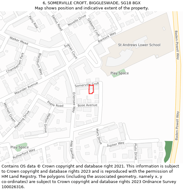 6, SOMERVILLE CROFT, BIGGLESWADE, SG18 8GX: Location map and indicative extent of plot