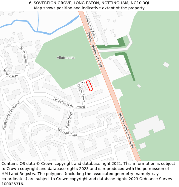 6, SOVEREIGN GROVE, LONG EATON, NOTTINGHAM, NG10 3QL: Location map and indicative extent of plot