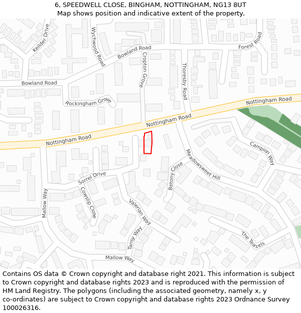 6, SPEEDWELL CLOSE, BINGHAM, NOTTINGHAM, NG13 8UT: Location map and indicative extent of plot