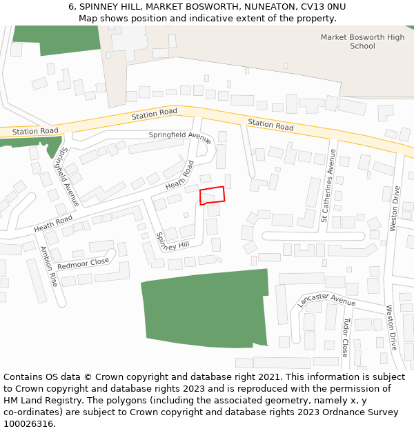 6, SPINNEY HILL, MARKET BOSWORTH, NUNEATON, CV13 0NU: Location map and indicative extent of plot