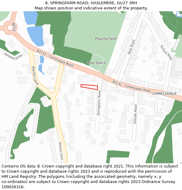 6, SPRINGFARM ROAD, HASLEMERE, GU27 3RH: Location map and indicative extent of plot