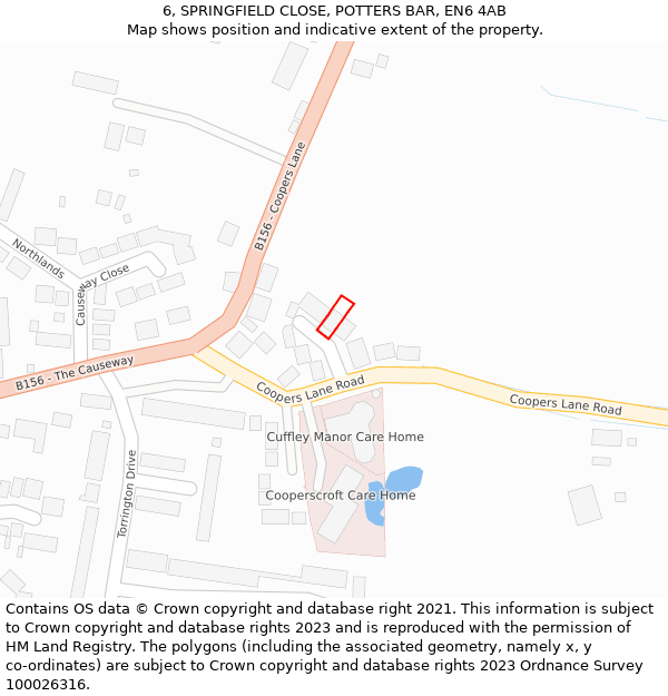 6, SPRINGFIELD CLOSE, POTTERS BAR, EN6 4AB: Location map and indicative extent of plot