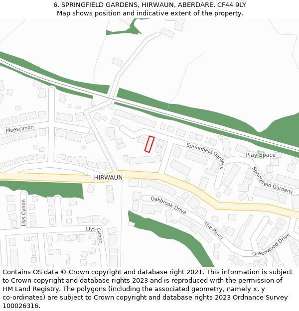 6, SPRINGFIELD GARDENS, HIRWAUN, ABERDARE, CF44 9LY: Location map and indicative extent of plot