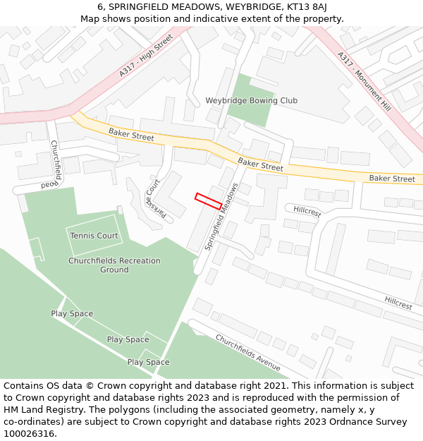 6, SPRINGFIELD MEADOWS, WEYBRIDGE, KT13 8AJ: Location map and indicative extent of plot