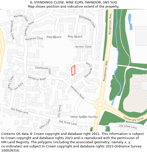 6, STANDINGS CLOSE, NINE ELMS, SWINDON, SN5 5UG: Location map and indicative extent of plot