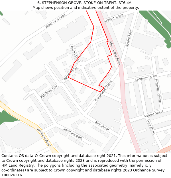 6, STEPHENSON GROVE, STOKE-ON-TRENT, ST6 4AL: Location map and indicative extent of plot