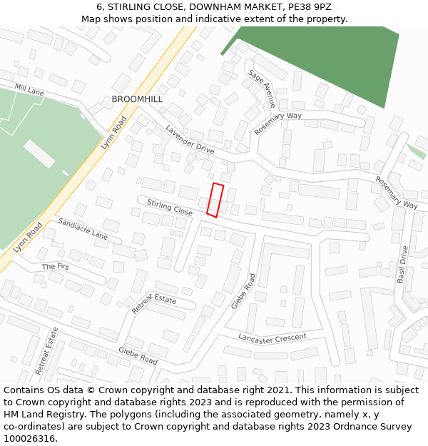 6, STIRLING CLOSE, DOWNHAM MARKET, PE38 9PZ: Location map and indicative extent of plot