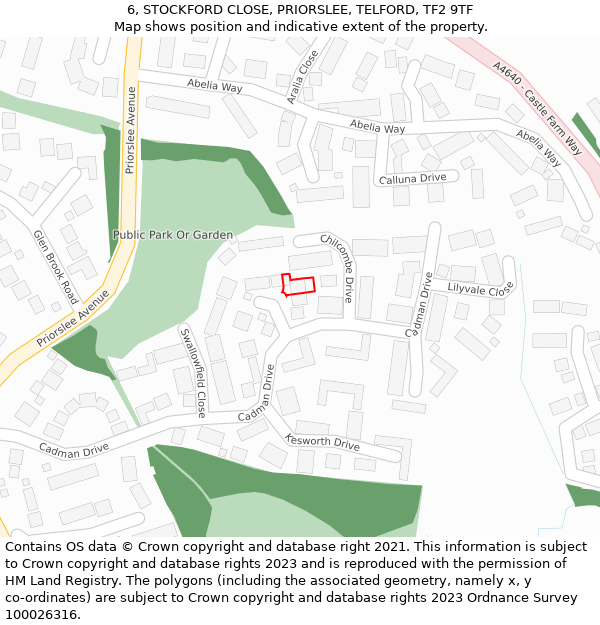 6, STOCKFORD CLOSE, PRIORSLEE, TELFORD, TF2 9TF: Location map and indicative extent of plot