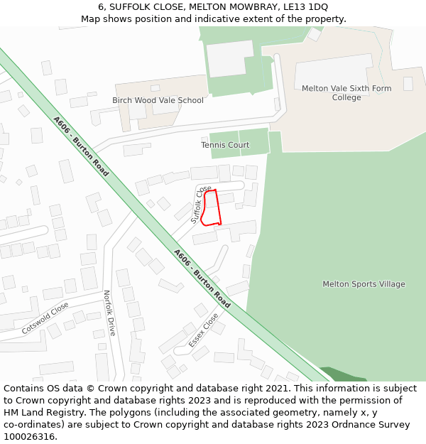 6, SUFFOLK CLOSE, MELTON MOWBRAY, LE13 1DQ: Location map and indicative extent of plot