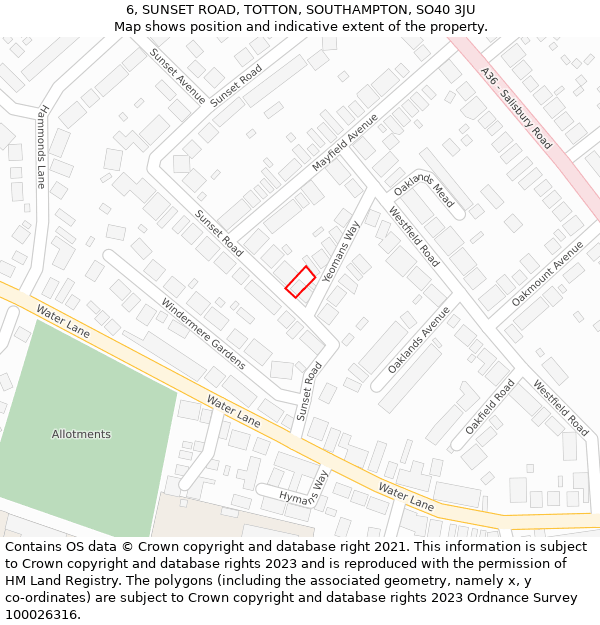 6, SUNSET ROAD, TOTTON, SOUTHAMPTON, SO40 3JU: Location map and indicative extent of plot